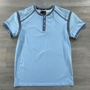 Stone Falcon Shirt Mens Medium Light Blue Short Sleeve Henley Stretch Logo Tee